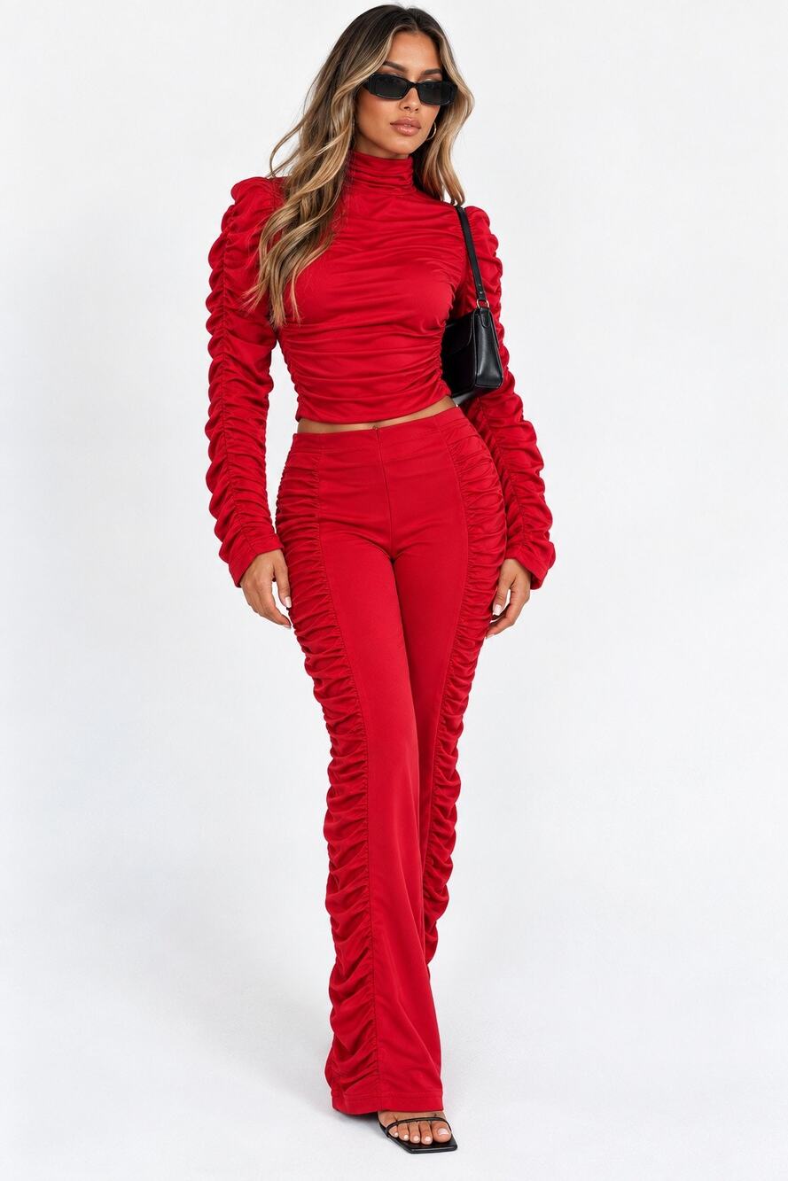 I.AM.GIA Red Ruched 2 Piece Set Long Sleeve Top & Pants XS/S Y2K